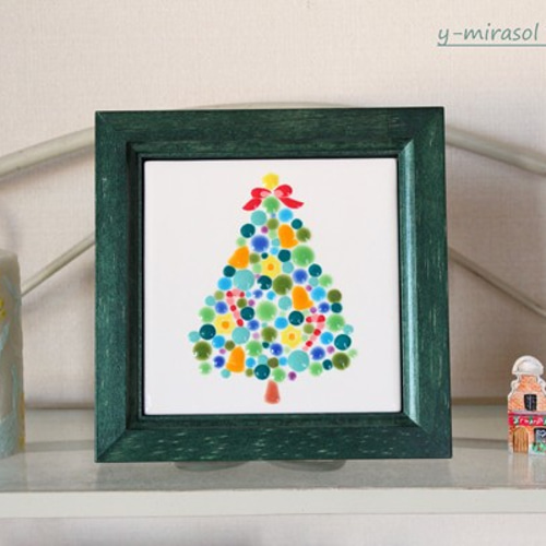 受注製作」丸がたくさん☆ クリスマスツリーの絵タイル(木製額 受注製作」丸がたくさん☆ クリスマスツリーの絵タイル(木製額