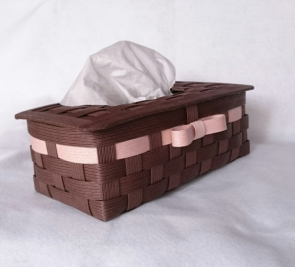 [受注制作]リボンの箱無しティッシュケース  チョコ×淡ピンク 3枚目の画像