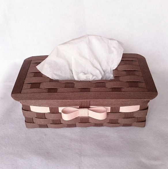 [受注制作]リボンの箱無しティッシュケース  チョコ×淡ピンク 4枚目の画像