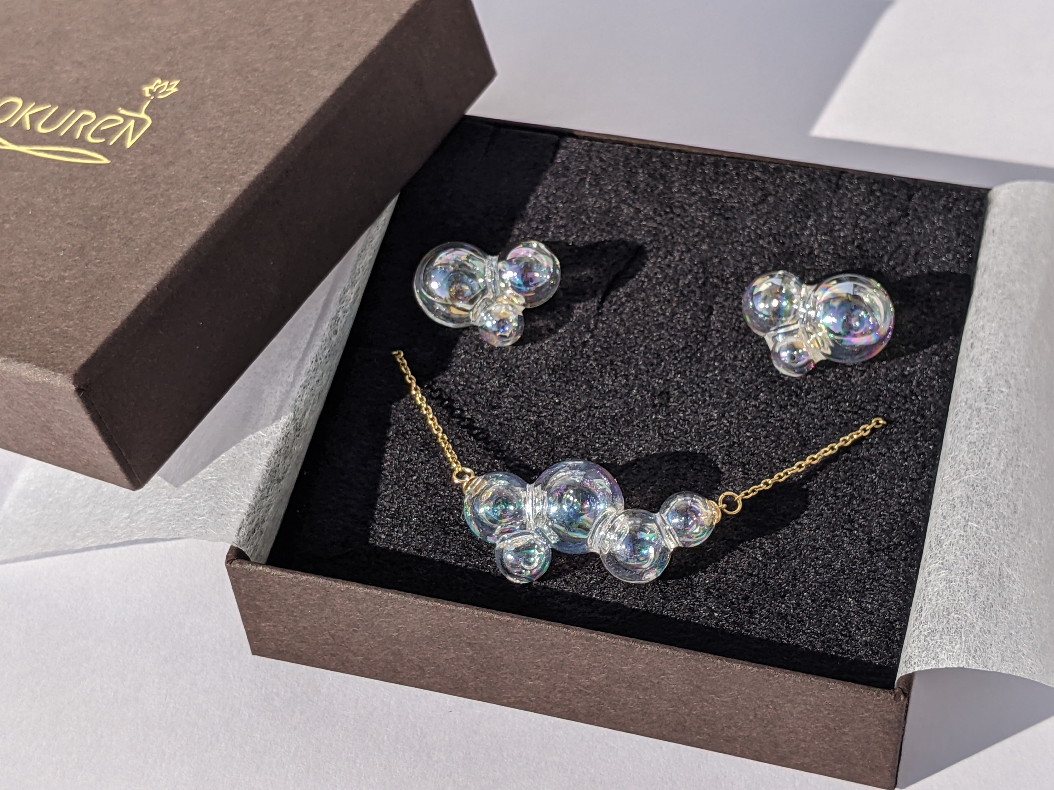 ガラスの "シャボン玉"ピアスorイヤリング+アレルギー対応ネックレスセット