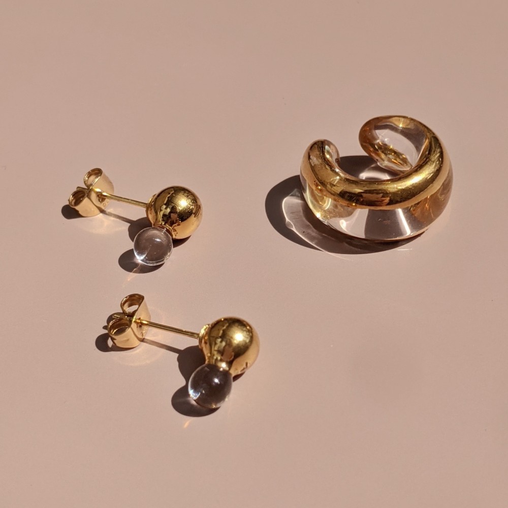 イヤーカフとピアスセット【ガラスイヤーカフ“プレーン”-Goldframe- +dropピアス-gold-】