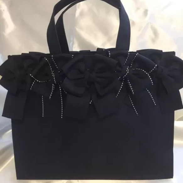 ⭐️リボン黒ステッチコンビ 横型ポリキャンパストートM トートバッグ  