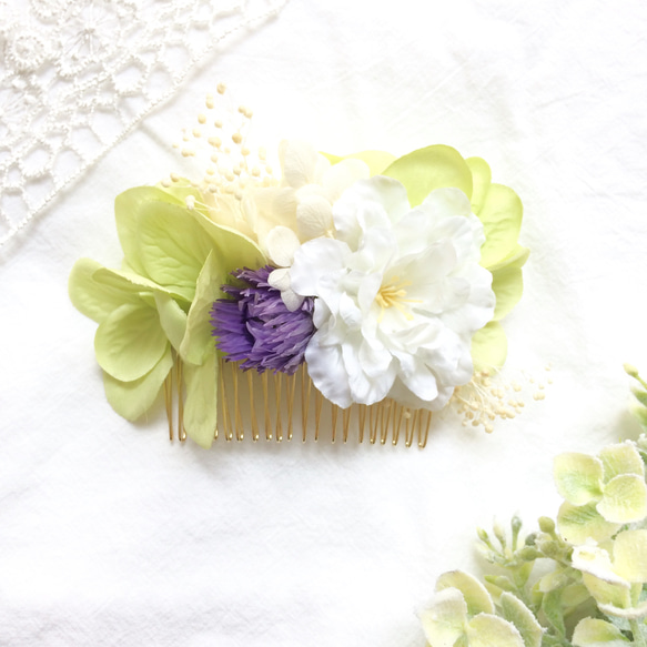 木香薔薇と紫陽花のヘアコーム＊ ウェディング  着物 結婚式 振り袖 プリザーブドフラワー 1枚目の画像