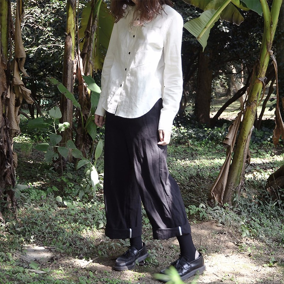 微闊腿卷邊褲|褲子|日本斜紋棉麻混紡|獨立品牌|Sora-58 第5張的照片