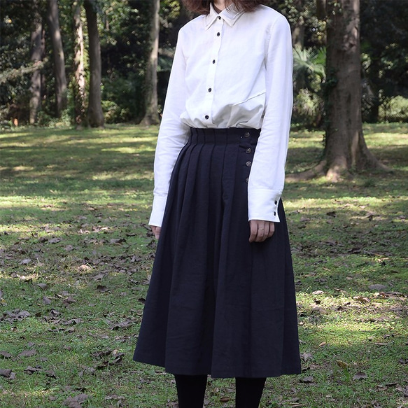 復古壓皺百褶半身裙|裙子|日本平紋棉麻混紡|獨立品牌|Sora-59 第2張的照片