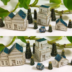 《受注後制作》プールのある青い波色の3つの家と流れ星の木 2枚目の画像
