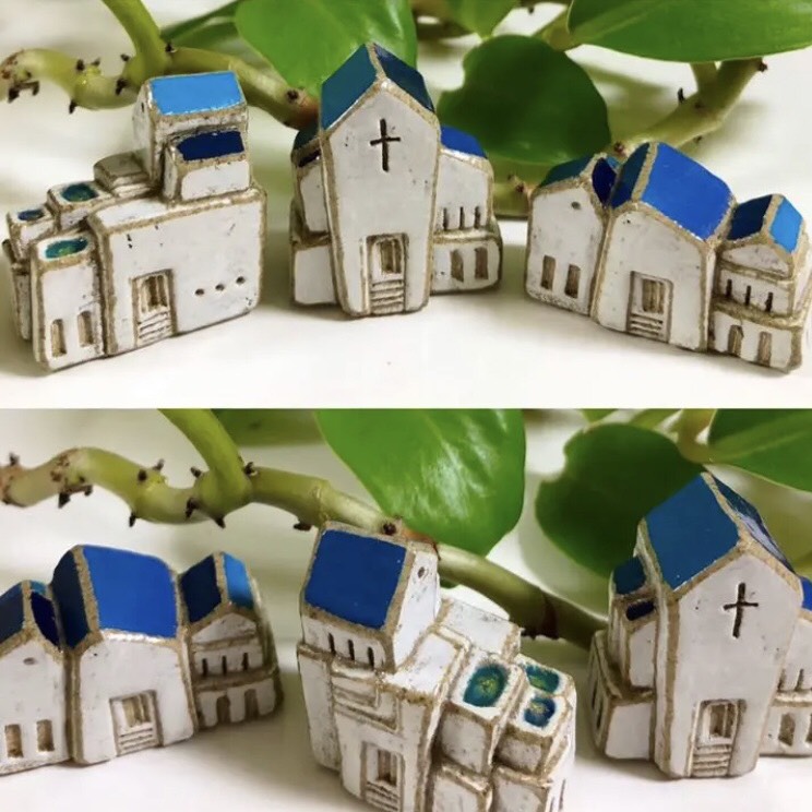 《受注後制作作品》白と青の街・エメラルドブルーの小さなプール 陶土オブジェ