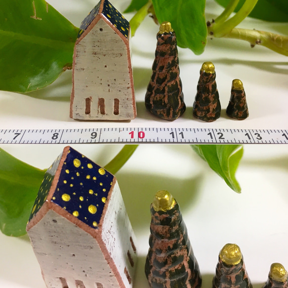 《定形外送料無料・数日間限定掲載》夜空色の屋根の教会と星の付いた木 5枚目の画像