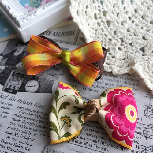 在庫1点】花柄 インド刺繍リボン ダブルリボン ヘアゴム キッズ
