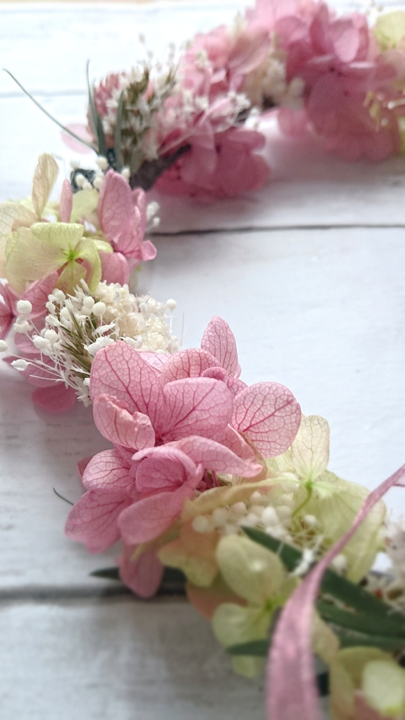 お子様用花かんむり〈モーヴピンク&千日紅〉お誕生日・リングガール 2枚目の画像