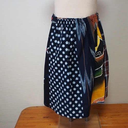 ◇古布藍染木綿絣色々な絣・のぼり旗の組み合わせ・巻きスカート長さ  