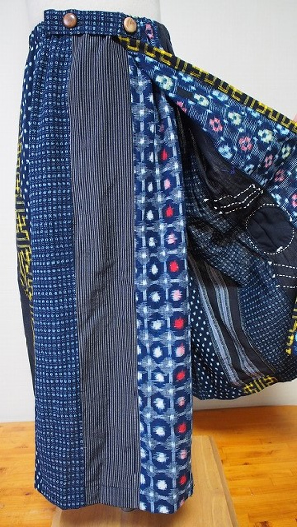 ◆古布藍染木綿絣色々な絣の組み合わせ・巻きスカート長さ65ｃｍ 7枚目の画像