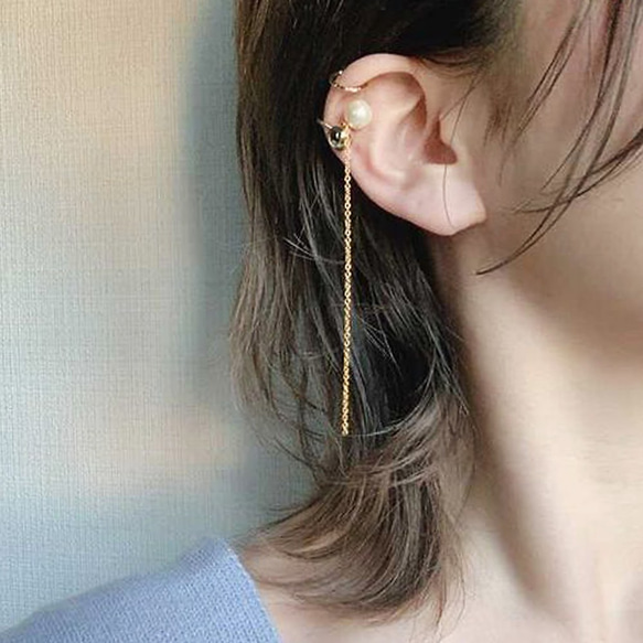 パール×ゴールド×ロングチェーンのイヤーカフ｜イヤカフ イヤー