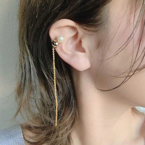 珍珠 x 金 x 長鏈耳夾 | 耳夾耳夾耳環 | EC13 第7張的照片