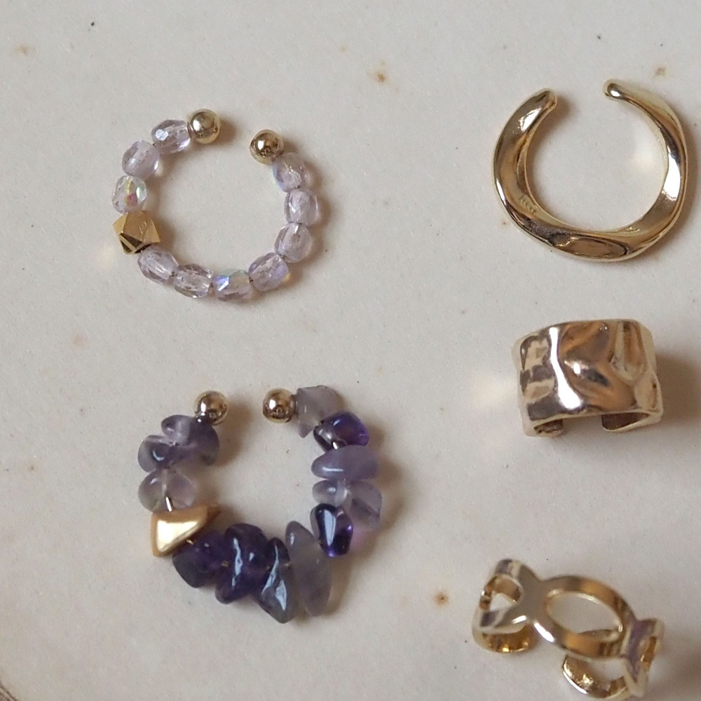 お得！イヤーカフ3set｜アメジスト・チェコビーズ・選べるゴールド｜2月誕生石｜EC-Set7-3