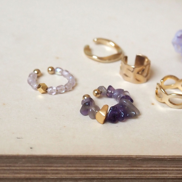 好主意！耳夾 3 件組 | 紫水晶、捷克珠、您選擇的黃金 | 二月生日石 | EC-Set7-3 第3張的照片