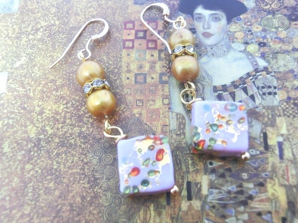 ＜送料無料＞k14GF ベネチアンクリムトのピアス（ピンク）Venetian beads Klimt 2枚目の画像