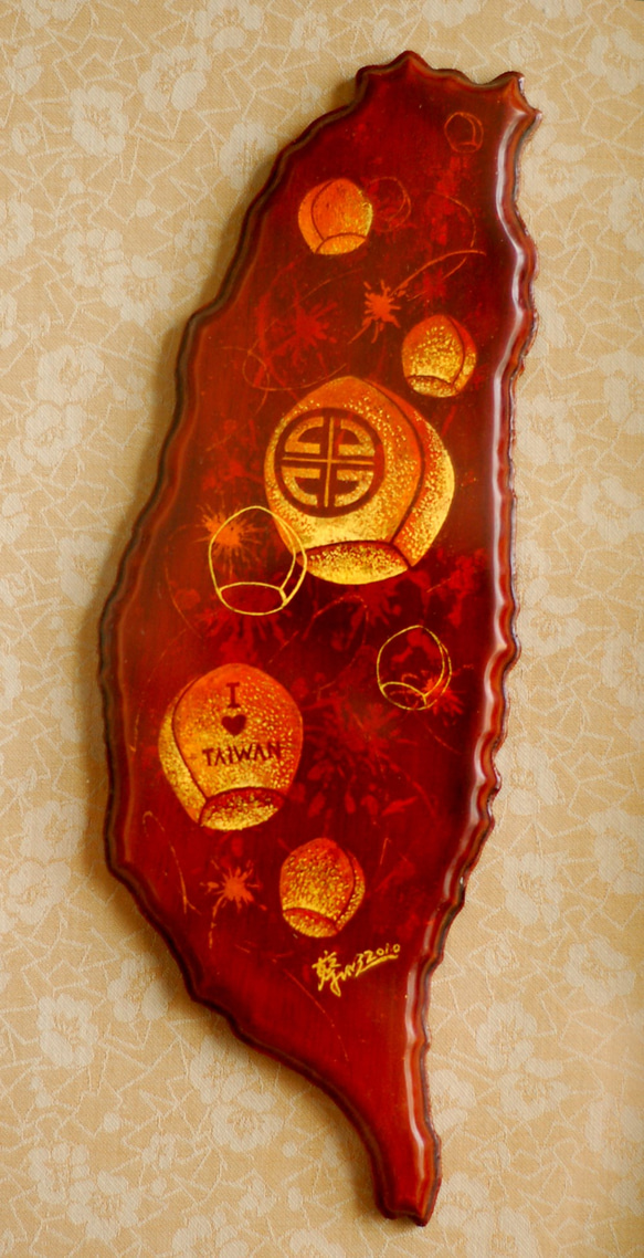 手工繪製 貼附金箔 日本天然漆器 台灣放天燈 壁畫 掛飾 作品僅此一款 第2張的照片