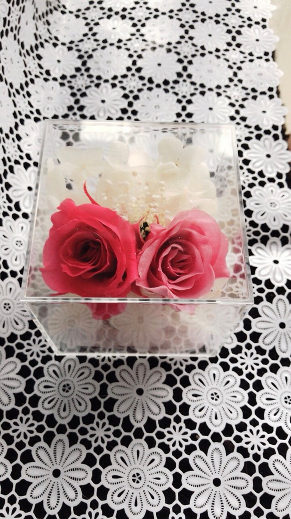 キューブに2色のピンクバラ 3枚目の画像