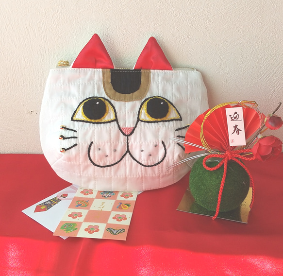 【招福ポーチ】おすまし猫お洒落ポーチ ★招き猫 Japanese lucky cat 3枚目の画像