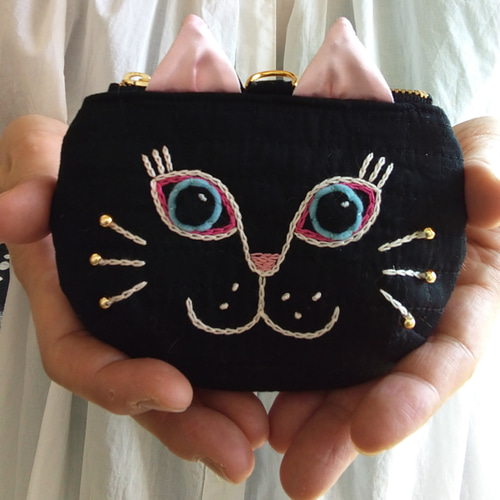 デニムリメイク キーリング付き ポーチ ♡ ネコ CAT デニムリメイク キーリング付き ポーチ ♡ ネコ CAT 受注制作】D