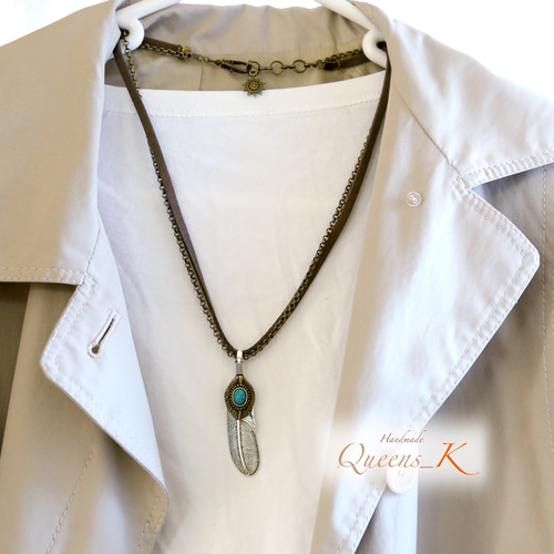 【KAREN MILLEN】チェーンフェイクレザーネックレス ネックレス ビッグフェザーがカッコイイ！男前革紐チェーンネックレス♪男女