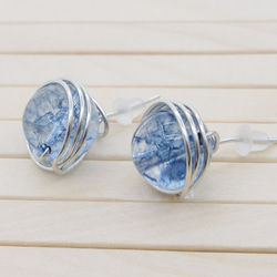 海洋系列 天然石 藍爆花水晶 銀色銅線 手工繞線 耳釘 耳環 第2張的照片