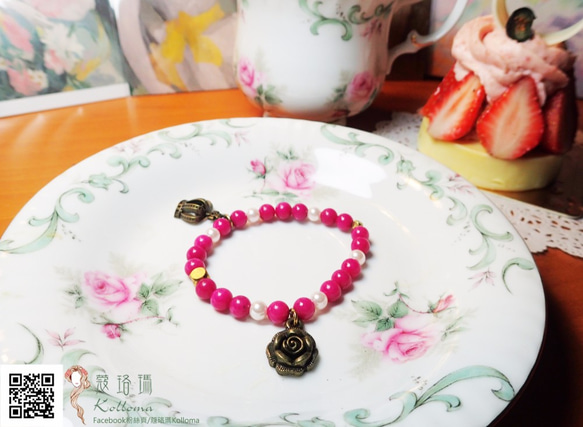 ♔蔻珞瑪♘ Ⓓⓔⓢⓘⓖⓝ - 手工設計-糖果色玉石/珍珠/黃銅手鍊(紫紅) 第6張的照片