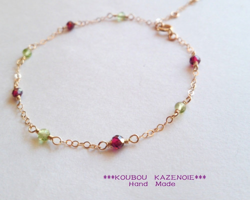 【良質,美品】ペリドット&ロードライトガーネット　ブレスレット　ハンドメイド 14KGFブレスレット◇Chain and beads◇宝石質ロードライト