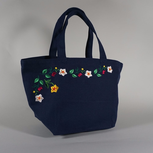 花柄刺繍】かわいいランチトートバッグ（ネイビー）コットン トート