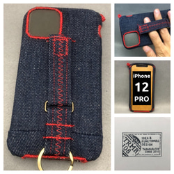 12Pro,12用 布のiPhoneジャケットデニム レッド 1枚目の画像
