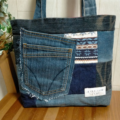 ♾専用♾ ふんわりトートバッグ▸︎▹︎デニムリメイク 千鳥▸︎▹︎ハンドメイド miniministore 千鳥格子トートバッグ レディース 大容量【ゆう
