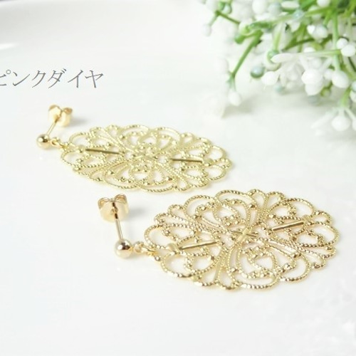 大ぶり アンティーク風 透かし 揺れる ノンホール ピアス イヤリング 
