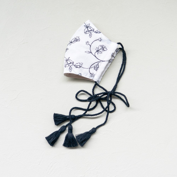 cotton lace double gauze tassel ribbon mask  (monochrome） 2枚目の画像
