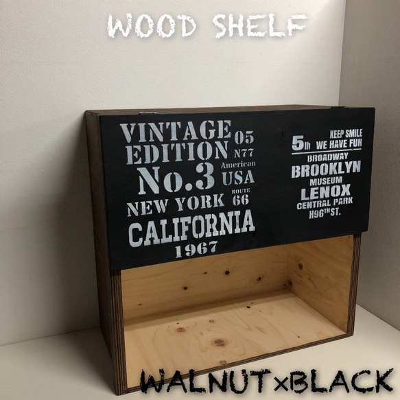 ウッドシェルフ 木製  横型 収納 棚 WALNUT×BLACK 男前 新品 1枚目の画像