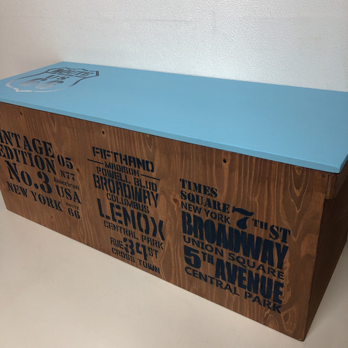 ウッドボックス ウッド ウォルナット×ライトブルー☆ ロング 収納箱  