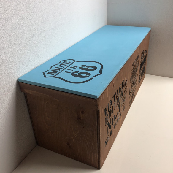 ウッドボックス ウッド ウォルナット×ライトブルー★ ロング 収納箱 BOX 6枚目の画像