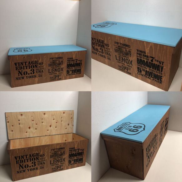 ウッドボックス ウッド ウォルナット×ライトブルー★ ロング 収納箱 BOX 7枚目の画像