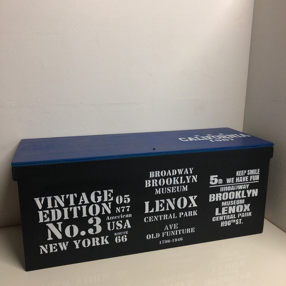 BENCH HOUSING STORAGE BOX ウッドボックス BLACK×NAVY☆ ロング 収納