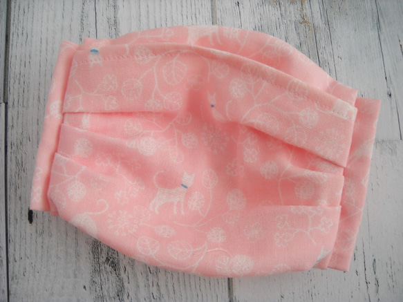 ダブルガーゼのポケット付き立体プリーツマスク（ピンク　ねこ） 2枚目の画像
