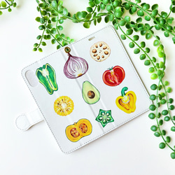 全機種対応：カラフル野菜柄（大）iPhoneスマホケース手帳型 1枚目の画像