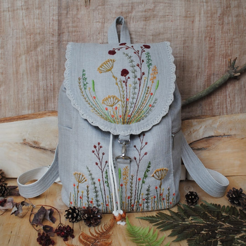インポートハンドメイド♪リネン手刺繍リュック♪ビーズ♪レース編み