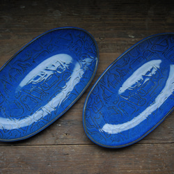 SALE レリーフ楕円皿 フィンチ 青 左 1枚目の画像