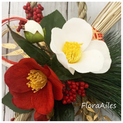 【送料無料】運気アップ８NOJIしめ縄飾り、紅白椿と豪華な京金襴リボンを添えて 3枚目の画像
