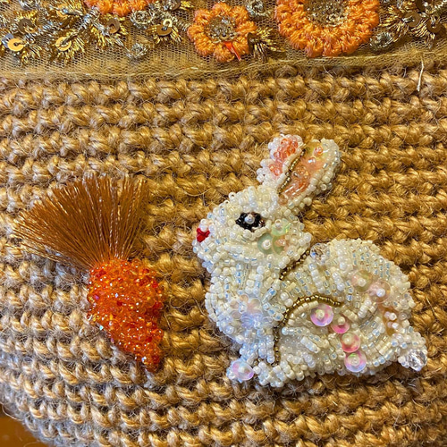 送料無料☆ 兎さんのビーズ刺繍 うさぎのマルシェバッグ カゴバッグ