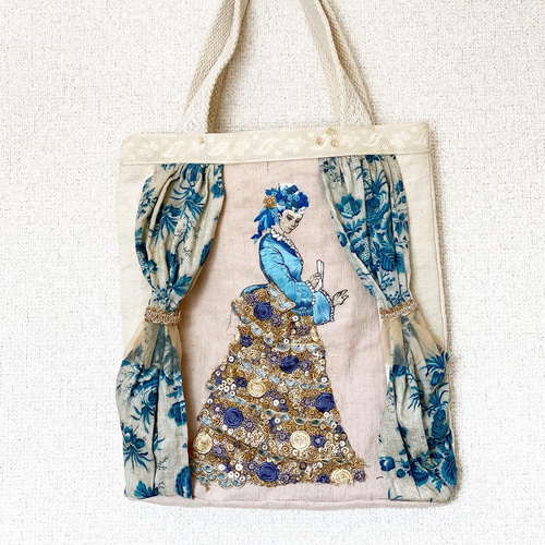 送料無料☆ アンティーク フレンチ更紗 ビクトリアンドレス刺繍 貴婦人