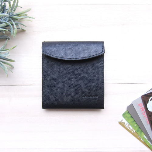 本革 薄い二つ折り財布「フラットウォレット」ブラック マネークリップ  