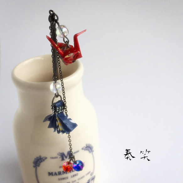 友禅和紙の折鶴と扇子の簪 1枚目の画像