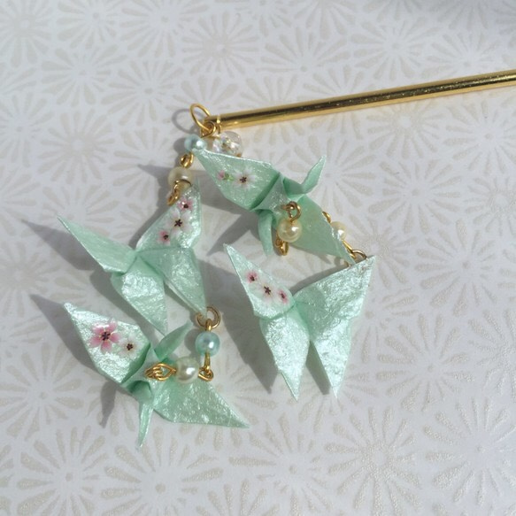 桜の鶴と蝶の簪 ミント 3枚目の画像