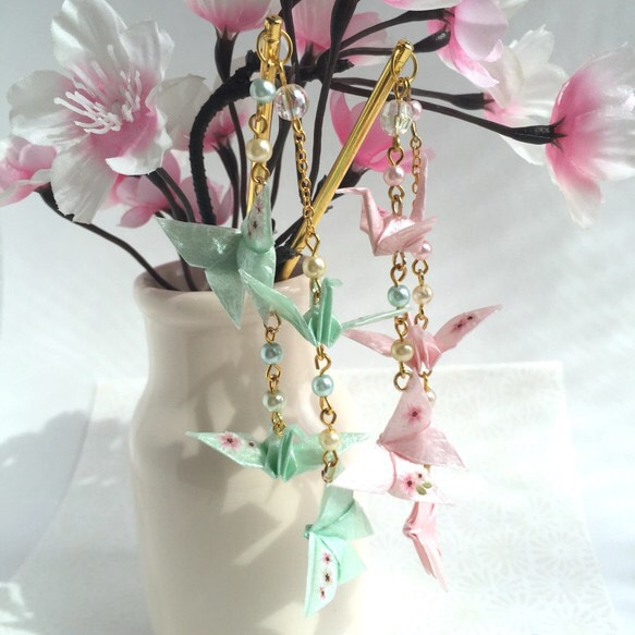 桜の鶴と蝶の簪 ミント 4枚目の画像